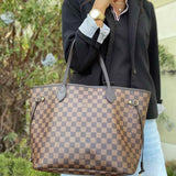 LOUIS VUITTON Neverfull MM w/ Pochette Coated Canvas Brown Damier Ebene Tote