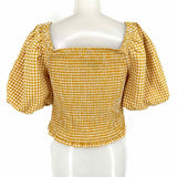 BB Dakota Women's Yellow Size M Puff Sleeve Smocked Gingham Short Sleeve Top