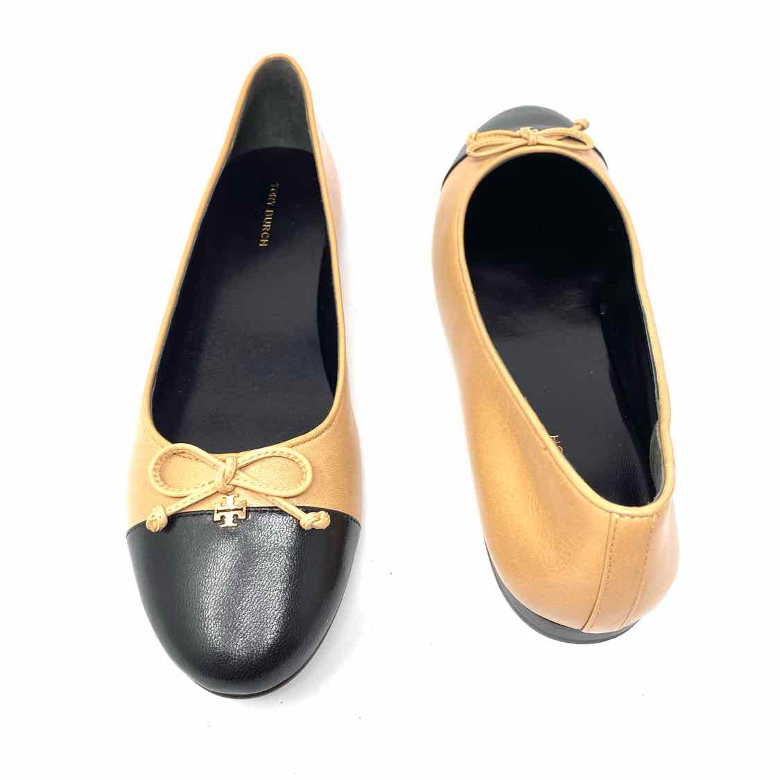 Tory Burch Ballet Women's Black Beige Size 8 Cap Toe Color Block Flats