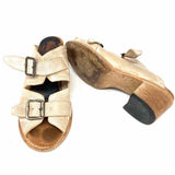 Freebird Caprice Women's Beige Size 7 Block Heel Leather Peeptoe Mules