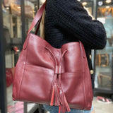 Laggo Maroon Tassel Pebbled Leather Tote