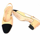 Chanel Women's Black Beige Size 38.5/7.5 Block Heel Leather Slingbacks