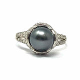 Estate size 8 14K White Gold Tahitian Pearl & Diamond Ring