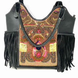 Vintage Addiction Black Beaded Fringe Pebbled Leather Tote