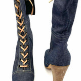 miu miu Women's Dark Blue Size 40/9 Block Heel Denim Lace-Up Boots