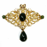 Estate 14K Gold Pendant Filigree Jadeite & Pearl Vintage Brooch