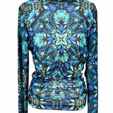 AVEC LES FILLES Women's Black Blue Size L Ruched Mesh Floral Long Sleeve