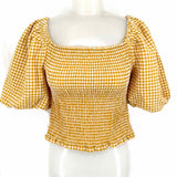 BB Dakota Women's Yellow Size M Puff Sleeve Smocked Gingham Short Sleeve Top