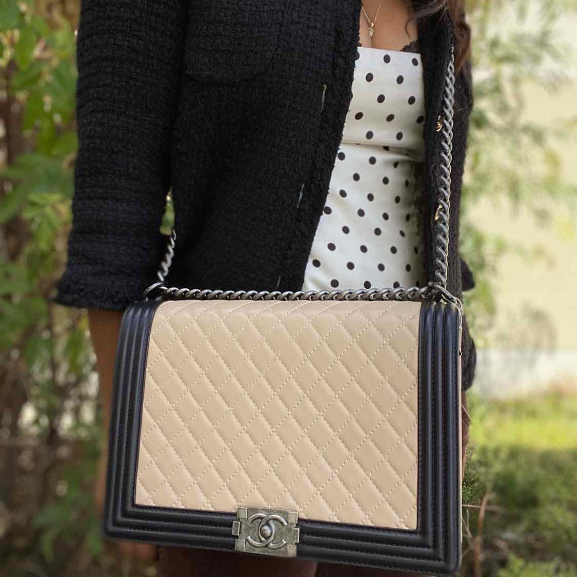 Chanel 2013/14 XL Boy Bag Black Beige Flap Quilted Leather Shoulder Bag