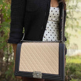 Chanel 2013/14 XL Boy Bag Black Beige Flap Quilted Leather Shoulder Bag