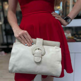 I. Magnin Cream Buckle Leather Crossbody Clutch