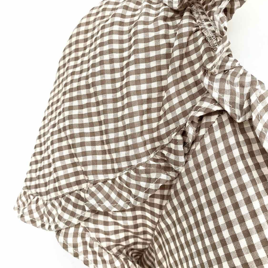 Max Studio Women's Brown White Size L Ruffled Gingham Short Sleeve Top