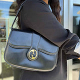 Gucci Vintage Black Flap Leather GG Shoulder Bag