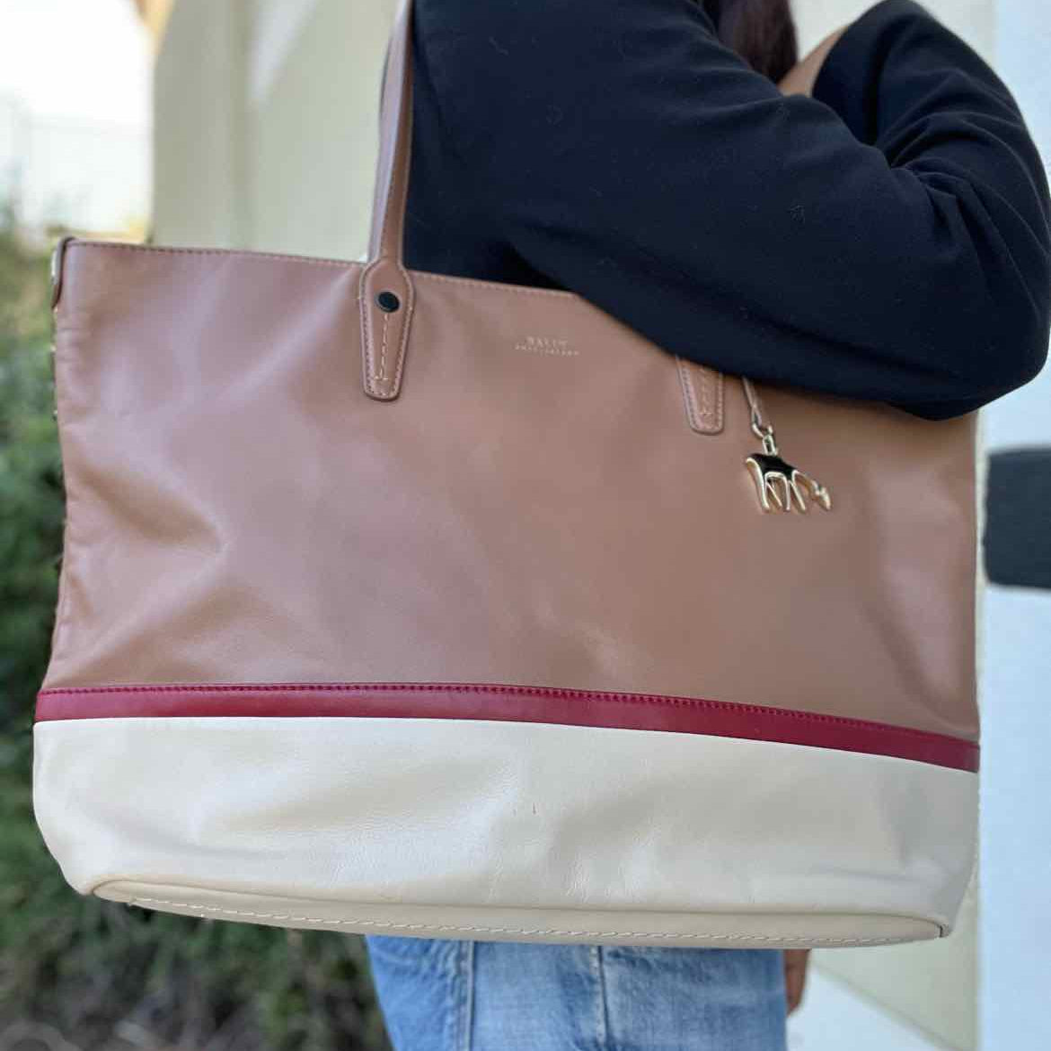 BALLY Beige Color Block Leather Tote