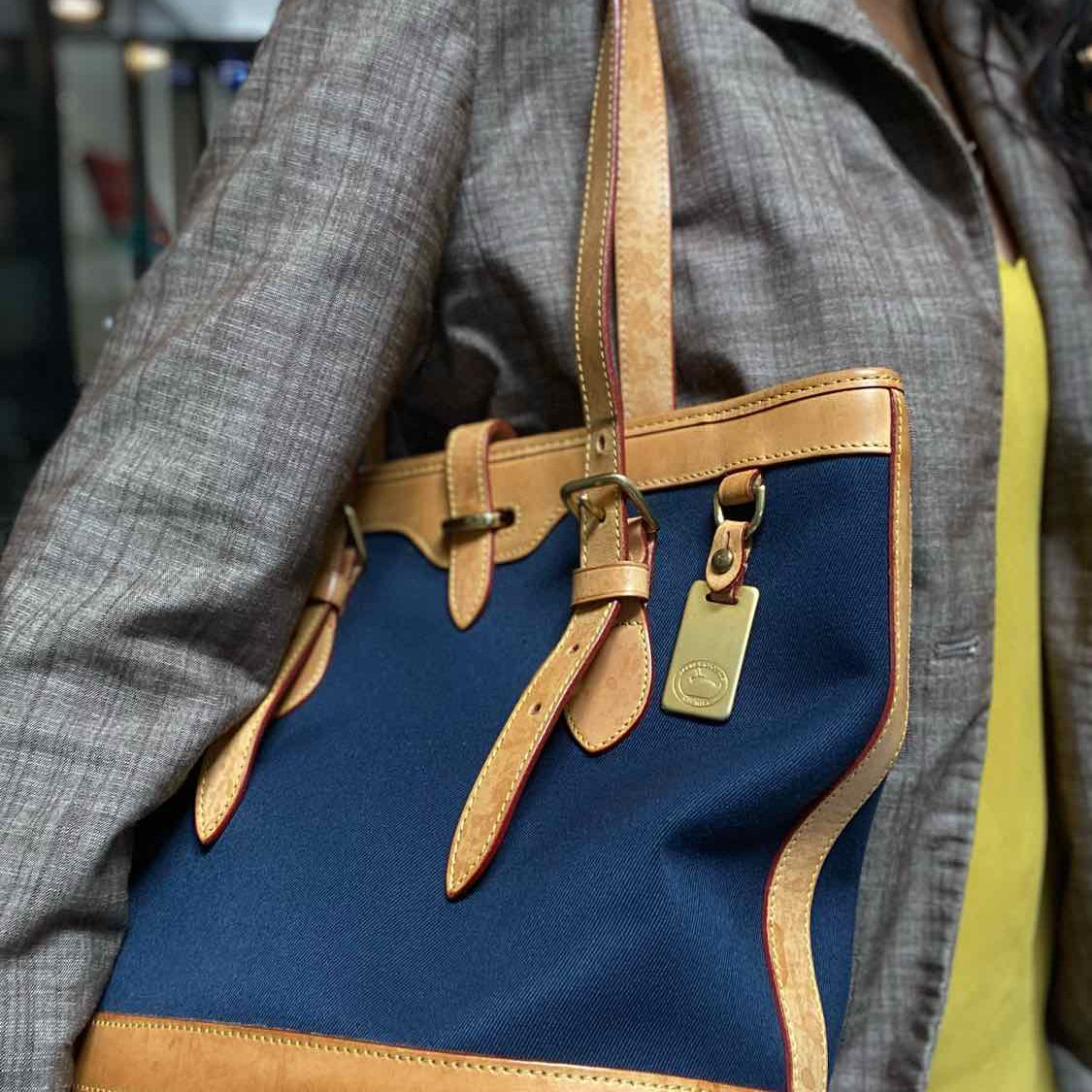 Dooney & Bourke Cabriolet Canvas Navy Brown Bucket Leather Tote