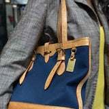 Dooney & Bourke Cabriolet Canvas Navy Brown Bucket Leather Tote