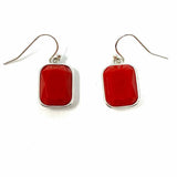 Silver Tone Red Rectangle 1" Dangle Earrings