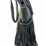 Vintage Addiction Black Beaded Fringe Pebbled Leather Tote
