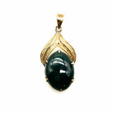 Estate 14K Yellow Gold Green Oval Leaf Green Stone Pendant