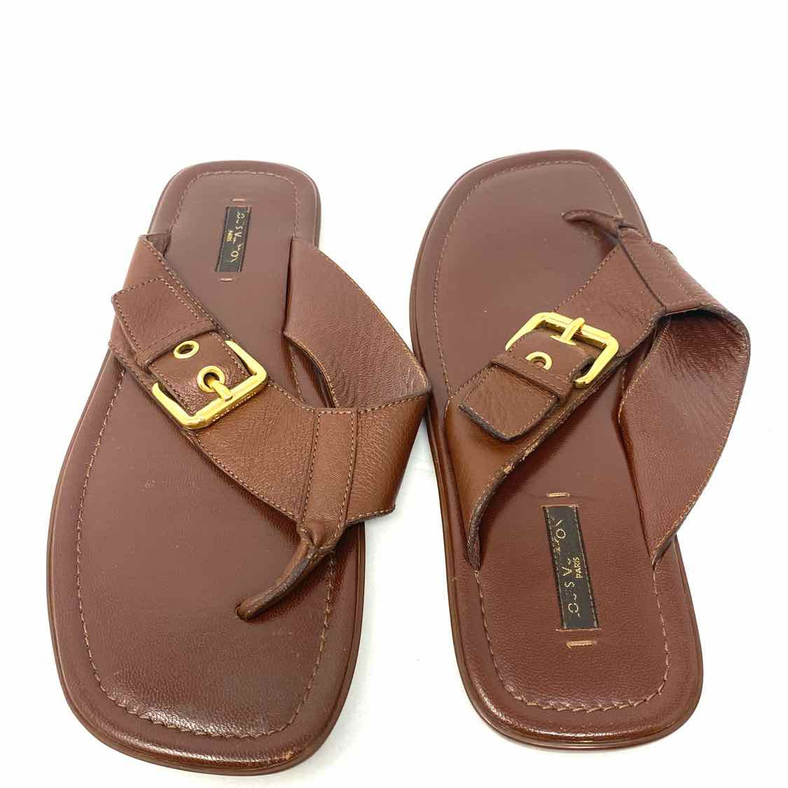 LOUIS VUITTON Women's Brown Size 38.5/8 Square toe Leather Buckle Flip-Flops