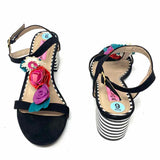 Betsey Johnson Women's Black Multi-Color Size 6 Block Heel Suede Floral Sandals