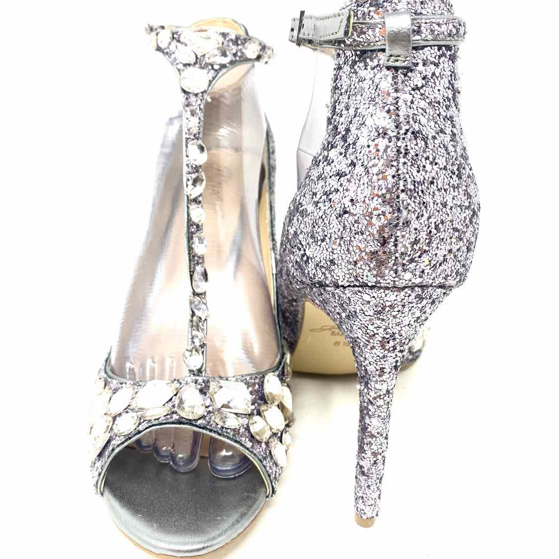 Jewel Badgley Mischka Women's Silver Peeptoe Glitter Rhinestone Size 8.5 Pumps