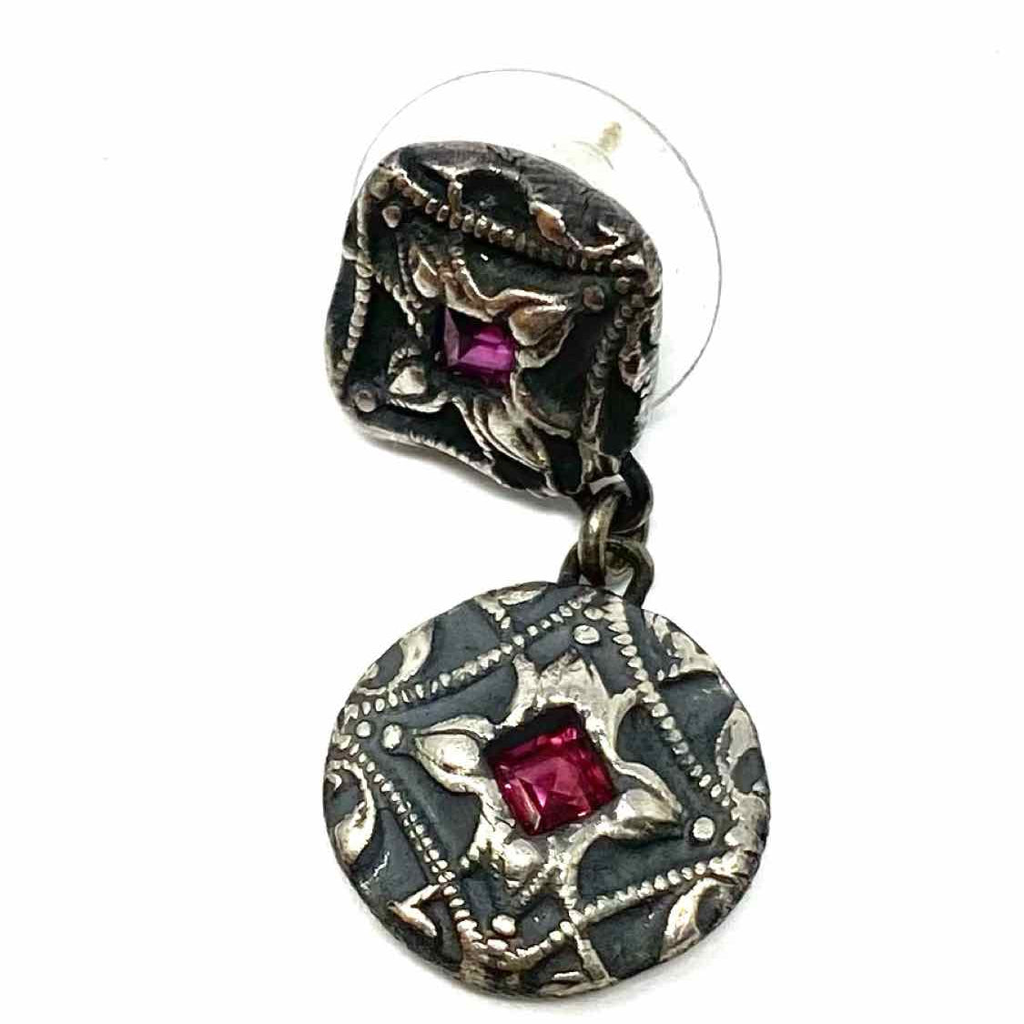 Vintage Silver tone Drop Round Red Garnet Filigree Earrings