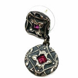 Vintage Silver tone Drop Round Red Garnet Filigree Earrings
