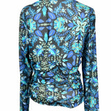 AVEC LES FILLES Women's Black Blue Size L Ruched Mesh Floral Long Sleeve