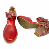 L'ARTISTE Women's Red Size 37/7 Ankle Strap Leather Floral Embossed Pumps