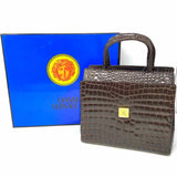GIANNI VERSACE Brown Top Handle Croc Embossed Patent Leather Satchel