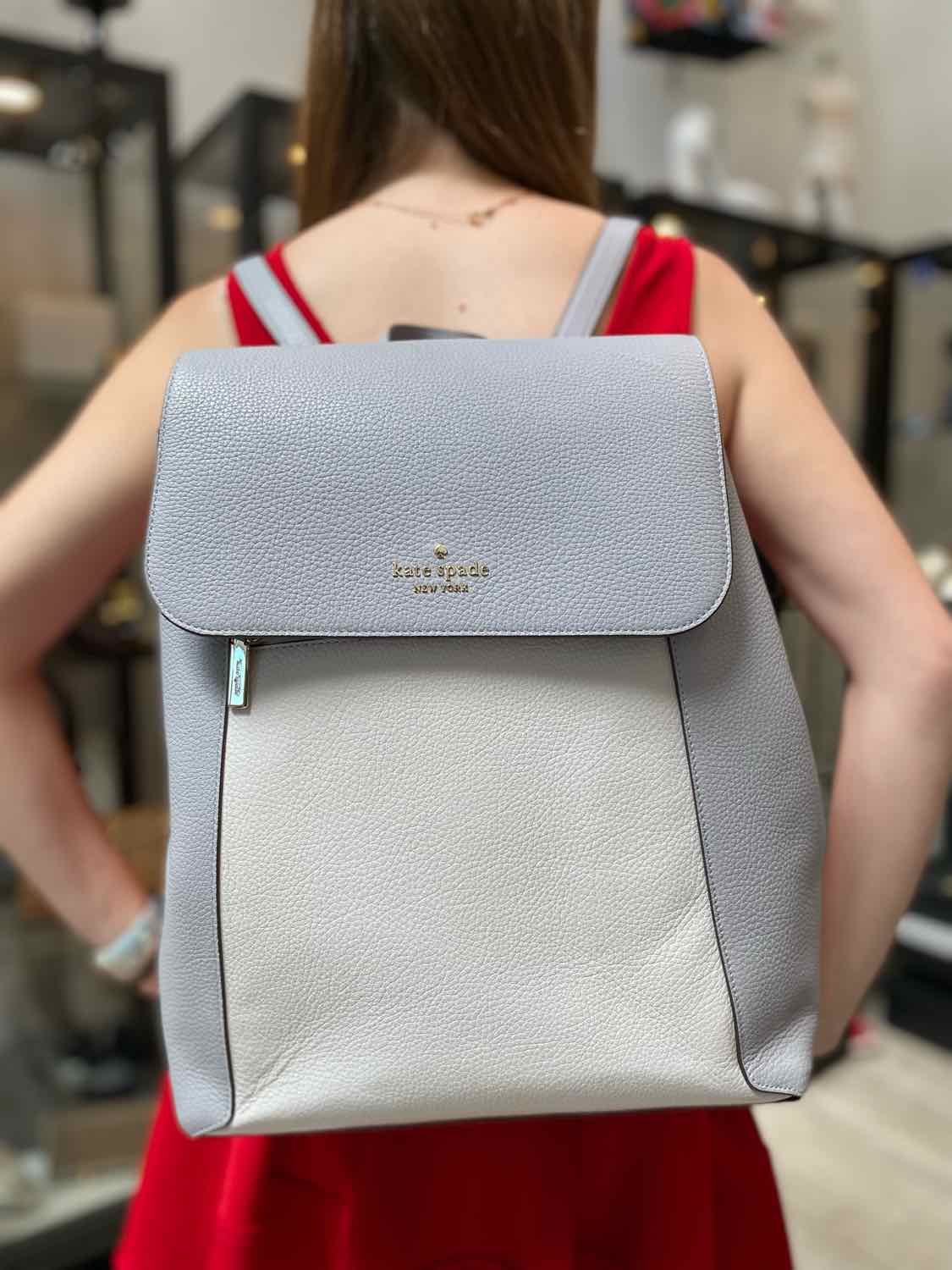 Kate Spade Gray Flap Color Block Pebbled Leather BackPack