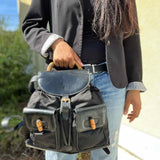 Gucci Vintage Nylon Black Drawstring Patent Leather BackPack w/ Bamboo Accents