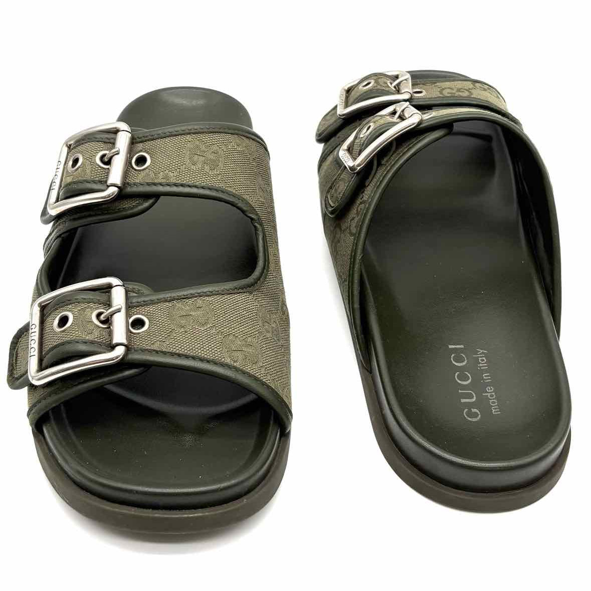 Gucci Rhein Men's Green Shoe Size 9.5 Slide Canvas GG Sandals