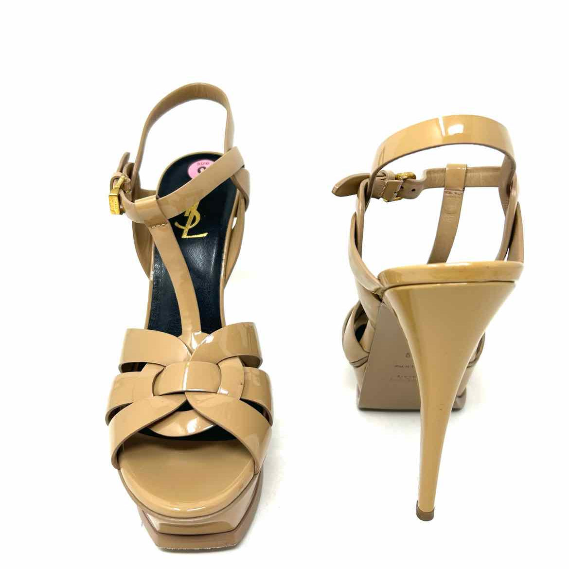 Saint Laurent Tribute Womens Brown Sz 39/9 Platform Patent Leather T-Strap Heels