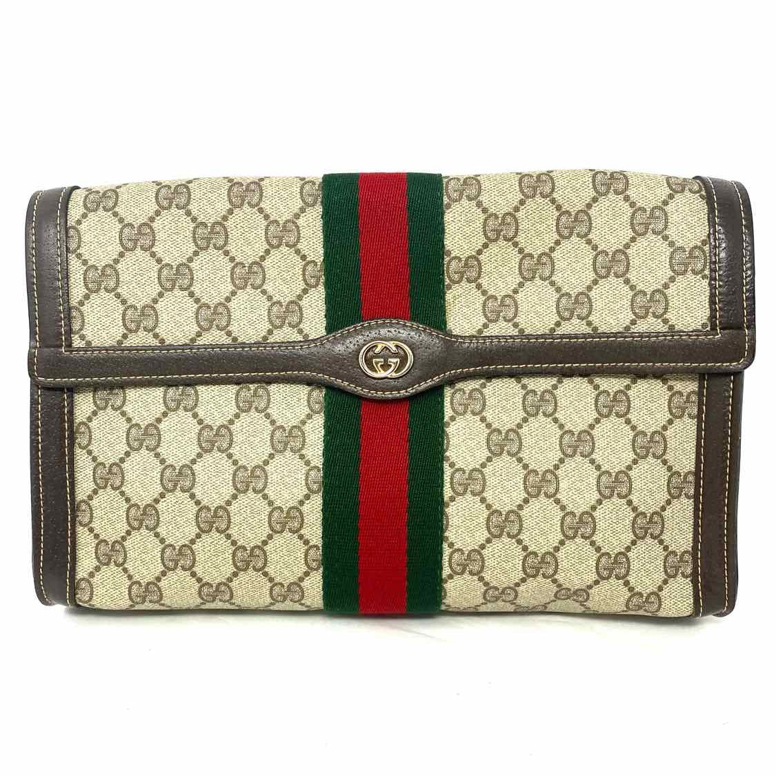 Gucci Vintage Brown GG Supreme Canvas Green/ Red web Foldover Clutch