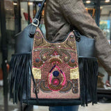 Vintage Addiction Black Beaded Fringe Pebbled Leather Tote