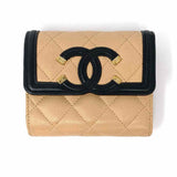 Chanel 2020 CC Filigree Compact Beige Black Bi-Fold Caviar Made in Spain Wallet