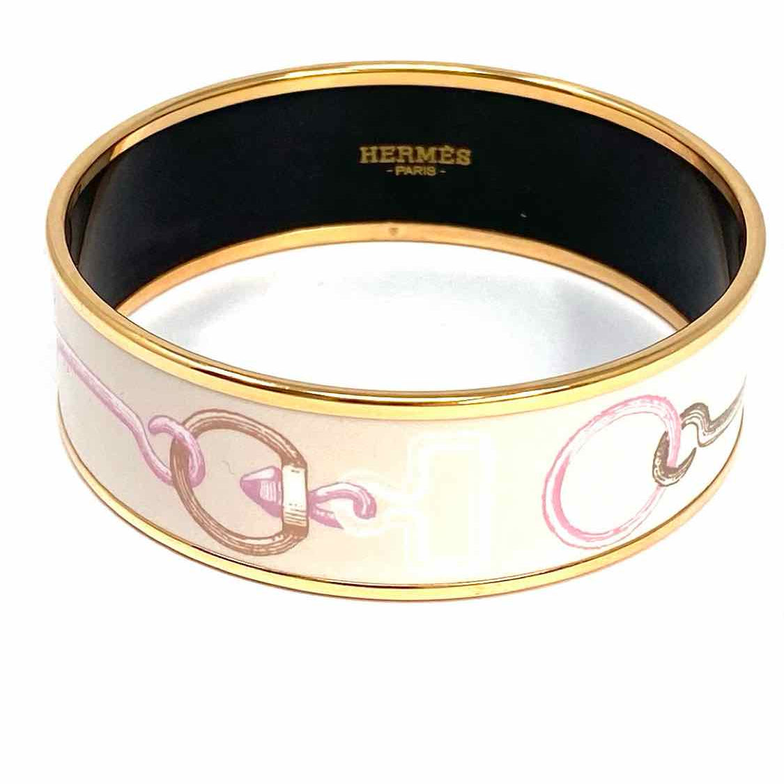 Hermes Inventaire Poetique L Cream Gold Tone Equestrian Made in France Bangle