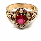 Estate Victorian 1800's Garnet Glass Doublet Pearls size 7 10K Rose Gold Ring