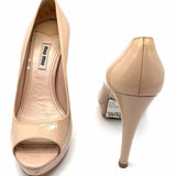 miu miu Women's Beige Size 38/7.5 Peeptoe Patent Leather Platform Pumps