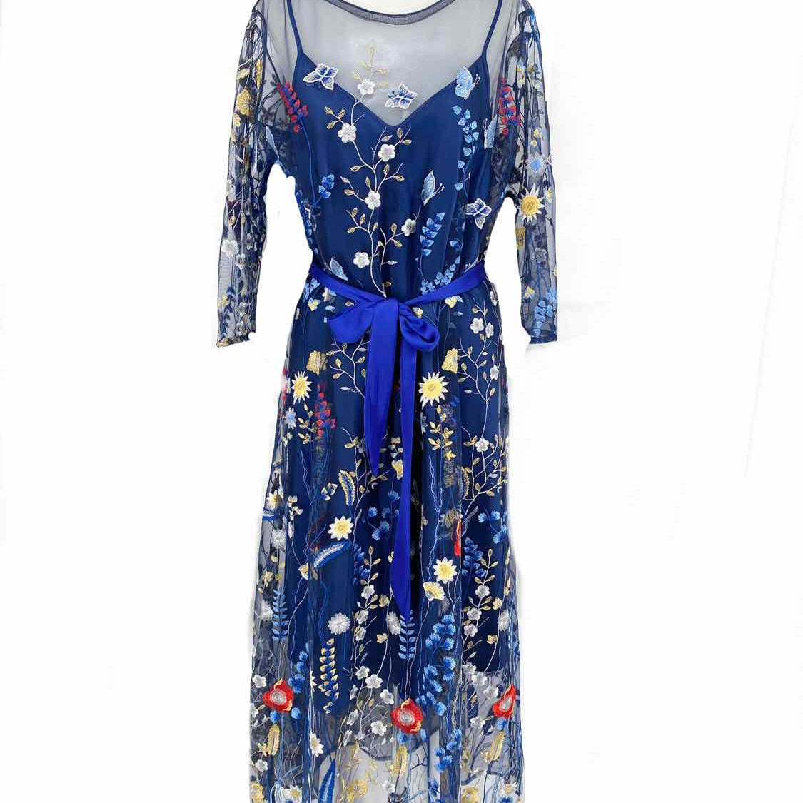 Bacanara Women's Navy Blue Size L/XL Mesh Embroidered Dress