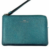 Coach Corner Zip Teal Metallic Pebbled Leather Wristlet