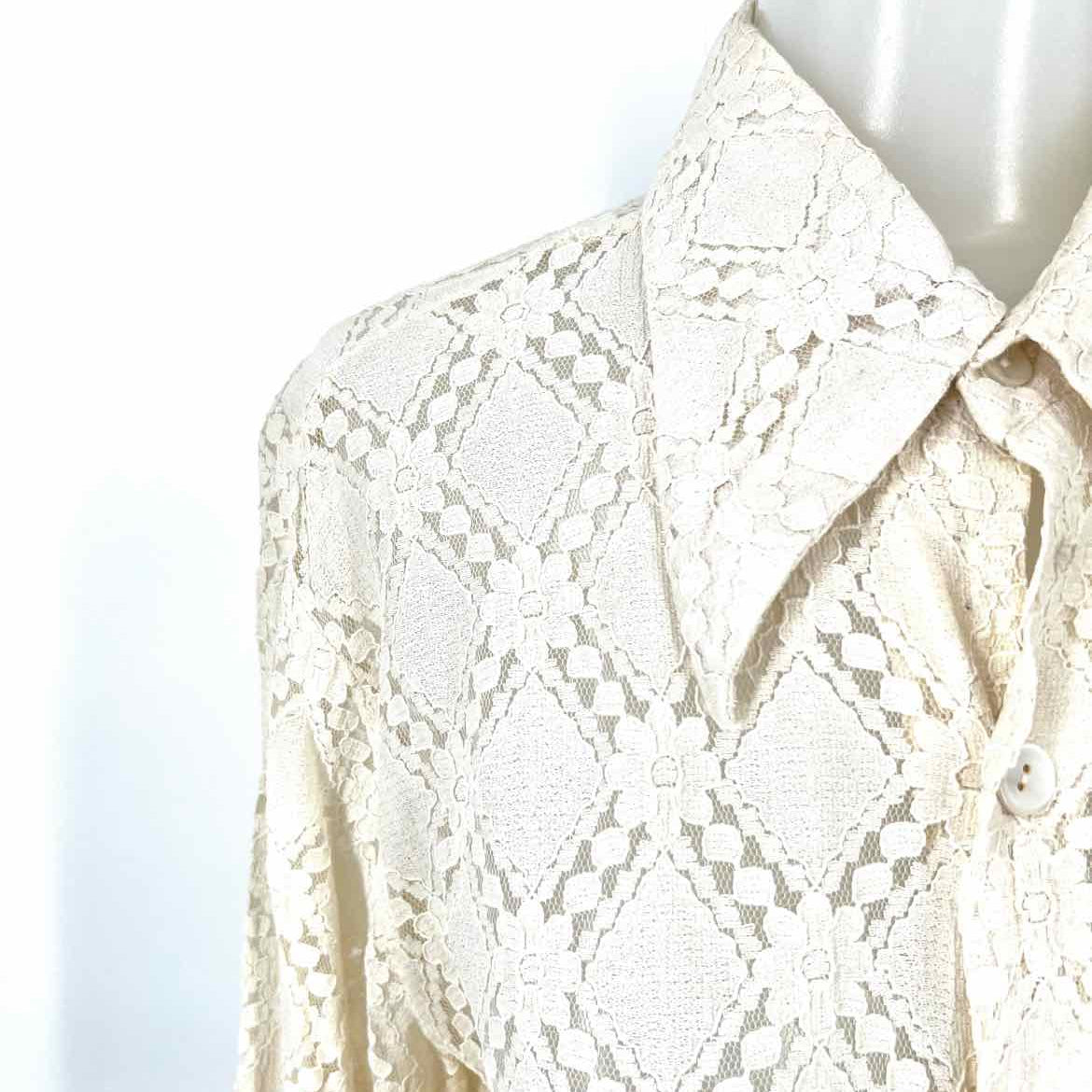 David Langman Vintage Women's Cream Size L Button Down Lace Long Sleeve