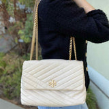 Tory Burch Kira Beige Flap Quilted Leather Shoulder Bag