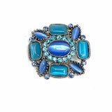 Statement Blue & Silver Tone Abstract Cabochon Blue Gem Brooch