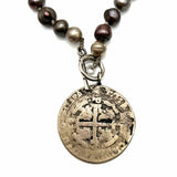 Estate Gray Beaded Spanish Colonial Coin Replica Pendant Tahitian Pearl Necklace