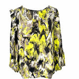BCBG MAXAZRIA Women's Yellow Gray Size M Ruffled Silk Abstract Long Sleeve