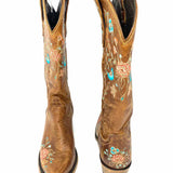 LANE Women's Brown Size 7 Cowboy Leather Embroidered Floral Boots