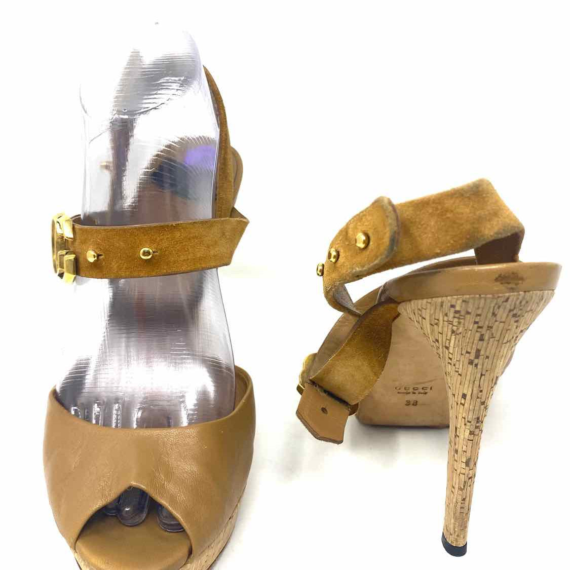 Gucci Women's Brown Size 38/8 Stiletto Leather Cork Heel Sandals